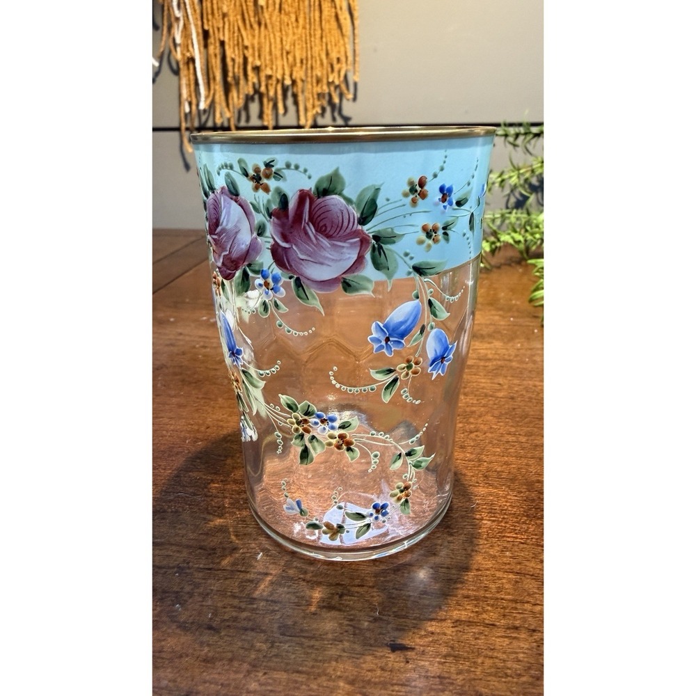 Antique Bohemian Glass Vase Cup Enamel Painted Flowers 4" Ornate Dainty Pretty